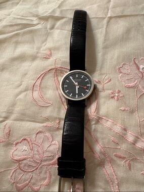 Mondaine Black Dial Watch with Red Seconds Hand and Black Strap
